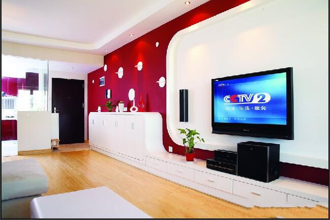 晋中福林小区红白矩形不规则电视背景墙储物柜40平米客厅效果图