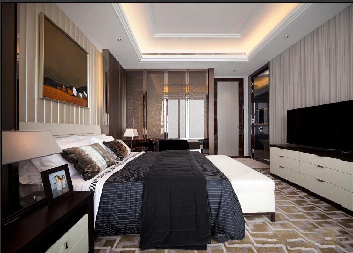 晋中江南·天相园现代长方形40平米卧室竖条纹壁纸咖啡色地毯效果图