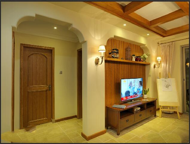 晋中和苑小区中式客厅木条电视墙射灯吊顶壁灯效果图