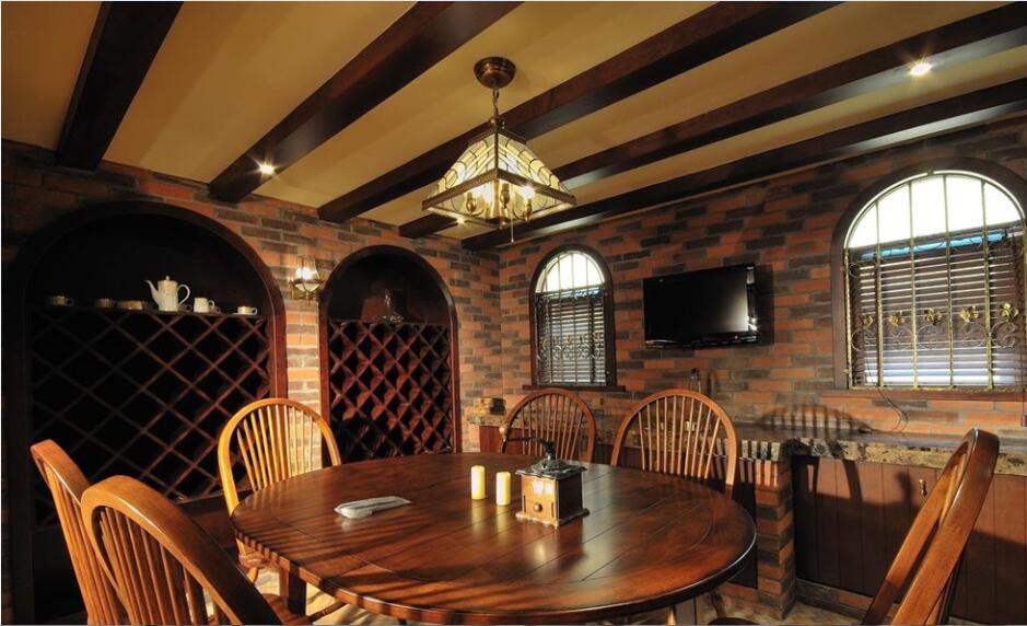 运城东星·卡纳溪谷中式餐厅砖块墙菱形储物柜拱形窗户效果图
