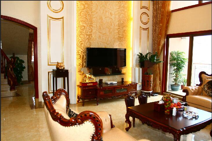 运城金世·现代城别墅客厅金色包边电视墙复古欧式沙发椅效果图