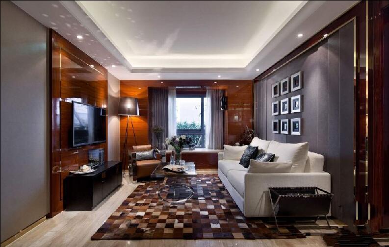 运城毕加索长方形客厅深色沙发照片墙小方块地毯效果图