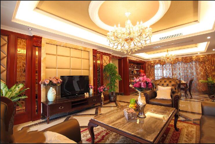 临汾神泽花苑中式复古欧式奢华客厅餐厅一体式酒柜效果图