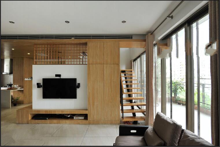 吕梁祥云小区复式客厅实木楼梯厨房客厅一体式效果图