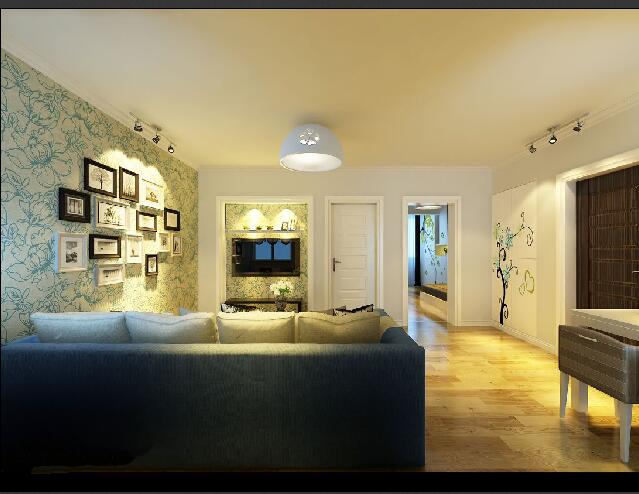 吕梁幸福家园客厅墙壁射灯半圆形吊灯印花照片墙布艺沙发效果图