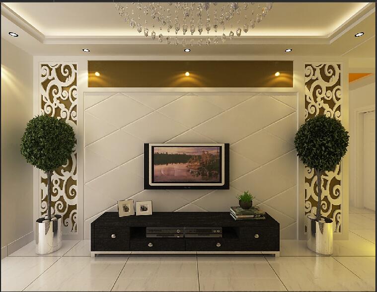太原汇通丽城欧式客厅雕花镂空软包电视墙水晶吊灯效果图