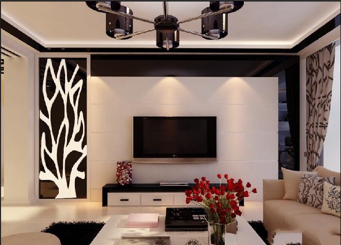 太原泰山公寓黑白系客厅白色电视墙条纹窗帘铁艺吊灯效果图