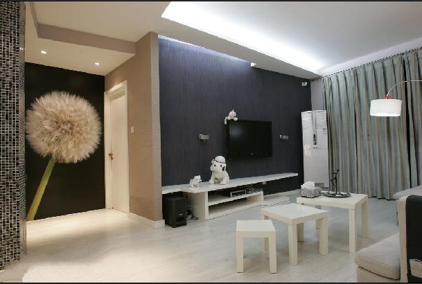 大同金水湾简约三室50平米客厅黑色电视墙蒲公英壁纸白色凳子效果图