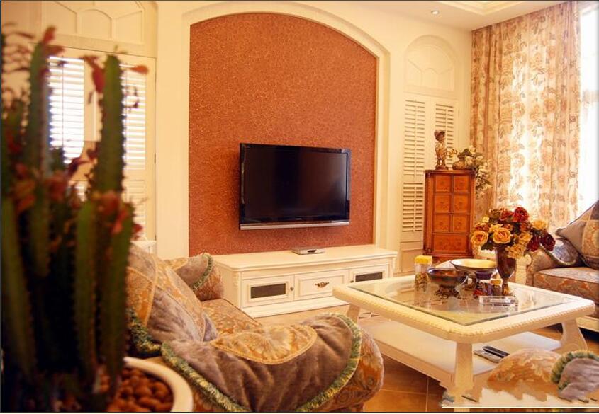 阳泉宜居苑欧式80平米大客厅拱形橙色拱形电视墙清新花朵窗帘效果图