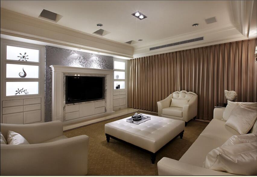 呼和浩特简欧70平米客厅筒灯吊顶嵌入式电视橱柜白色真皮组合沙发效果图