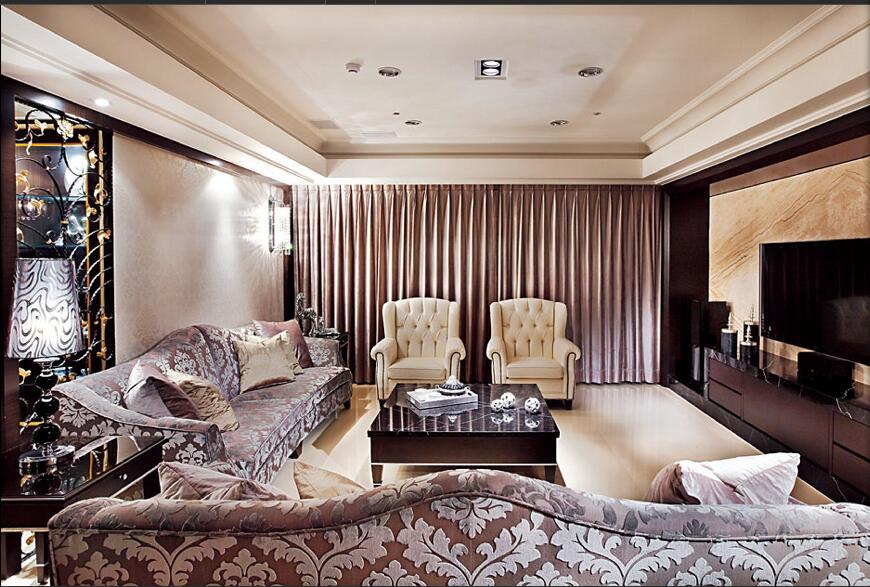 呼和浩特世纪春小区80平米大客厅绒布组合沙发中空筒灯吊顶电视柜效果图