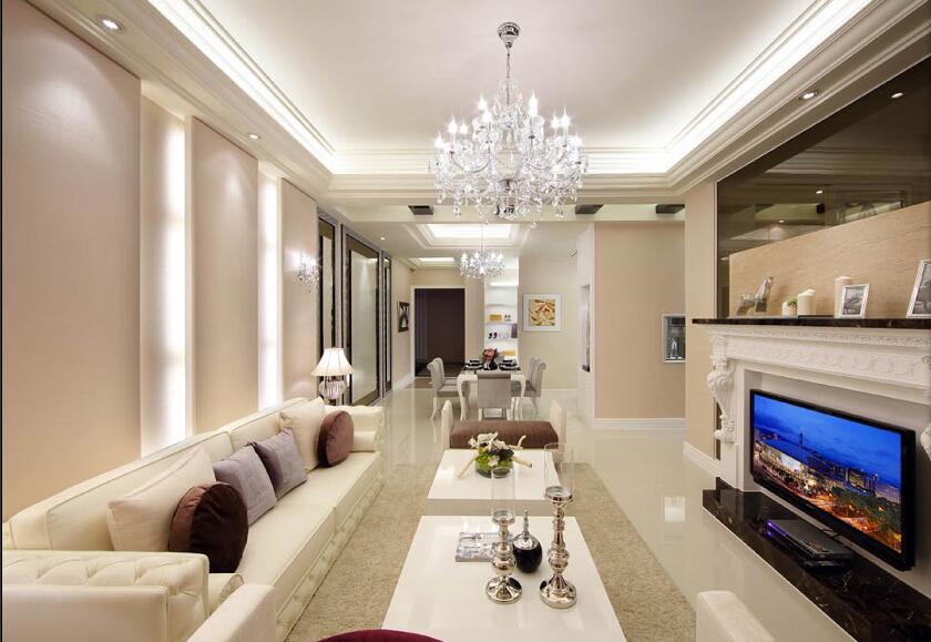 呼和浩特中行商住楼长方形客厅水晶吊灯一字型沙发电视墙储物柜效果图