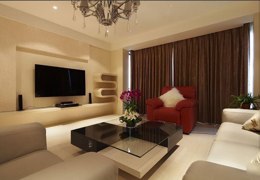 呼和浩特 广电小区不规则电视墙储物架红色窗帘组合沙发效果图
