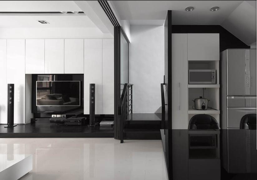 呼和浩特太阳城灰白系客厅复式楼梯开放式厨房白色电视墙效果图