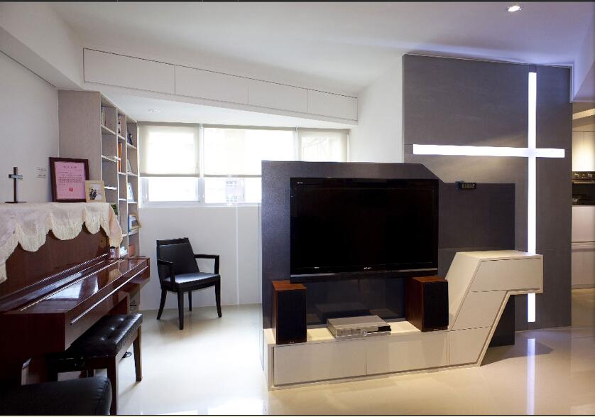呼和浩特隆欲小区不规则客厅小户型电视隔断墙客厅钢琴储物柜筒效果图