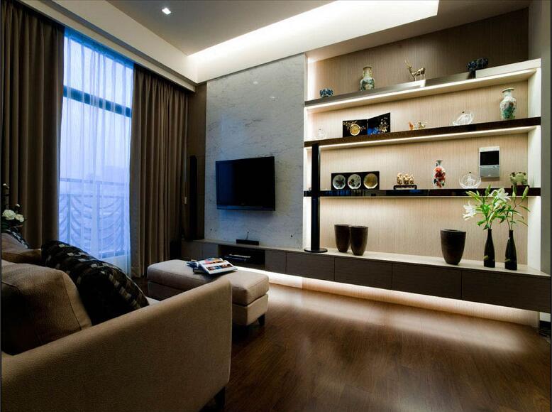 呼和浩特爱家小区40平米客厅实木地板靠墙电视储物架双人沙发效果图