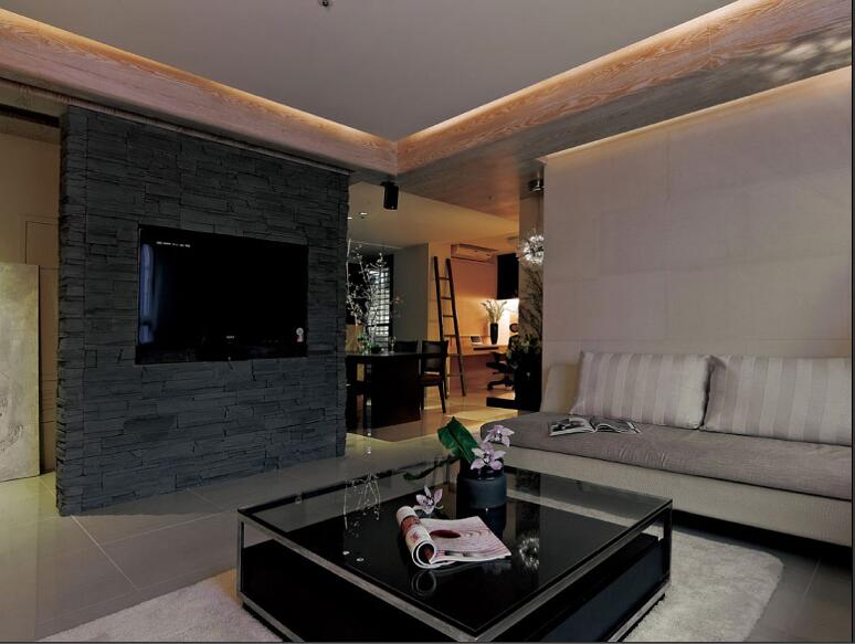 包头鹿城福满园隔断式电视砖墙靠墙一字型沙发黑色茶几效果图