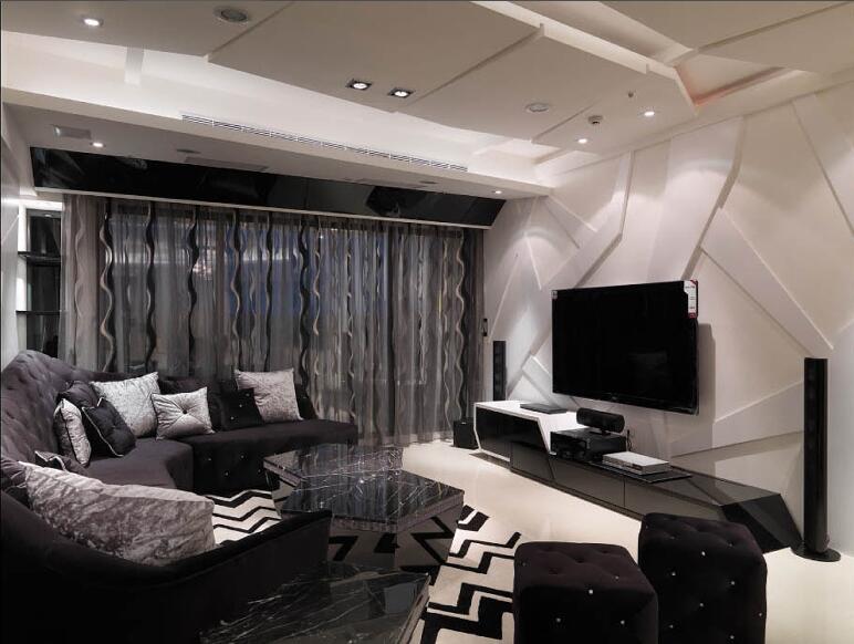 包头奥宇新城创意不规则电视墙吊顶奢华客厅深暗色沙发效果图