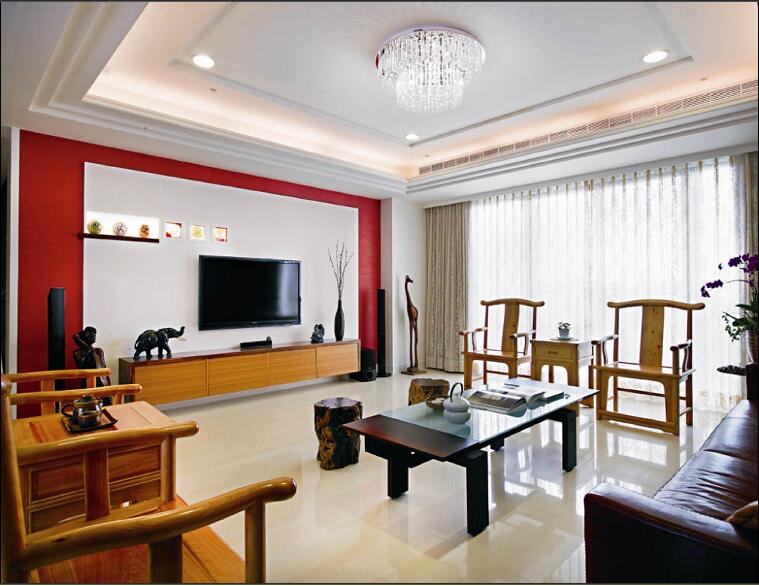 包头九合·东粮广场中式客厅组合沙发椅红色电视墙水晶灯效果图