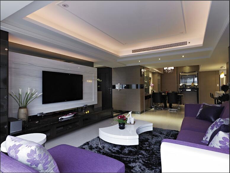 包头明日星城东河花苑新风餐厅客厅一体式紫色沙发简约电视墙效果图