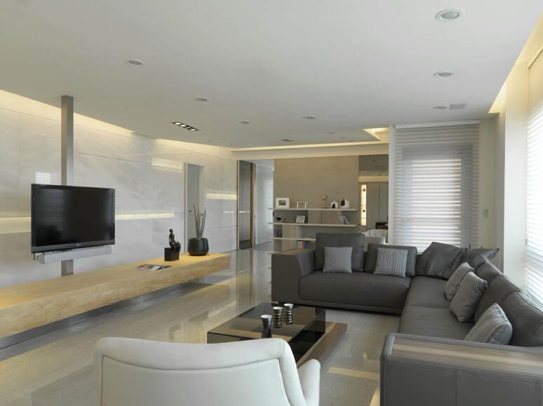 包头碧水嘉苑客厅创意电视墙灰色组合沙发多窗户百叶窗效果图