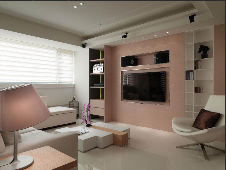包头南海鸿龙湾藕粉色电视墙靠墙博古架百叶窗白色沙发椅效果图