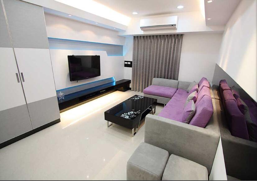 包头信合·龙湾半岛三室70平米不规则电视墙紫灰色沙发客厅空调效果图