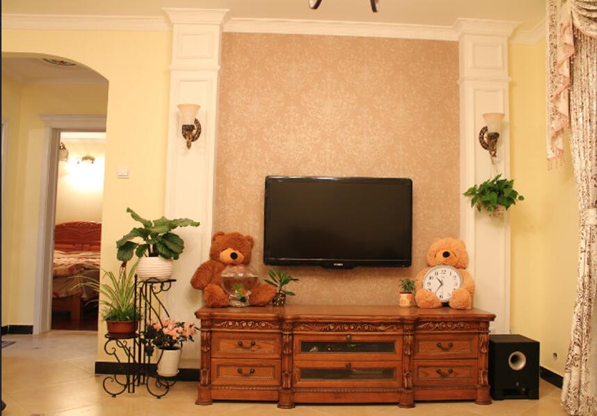 乌海新洋花园小区客厅拱形门印花电视墙纸复古电视柜效果图