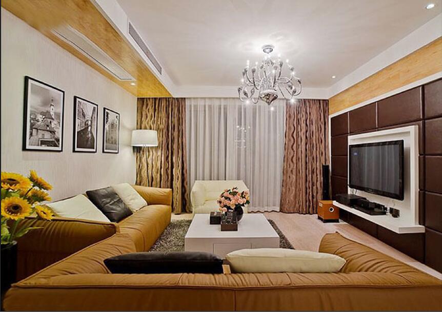 乌海天盛广场长方形客厅木质吊顶浅棕色皮沙发深棕色软包电视墙效果图