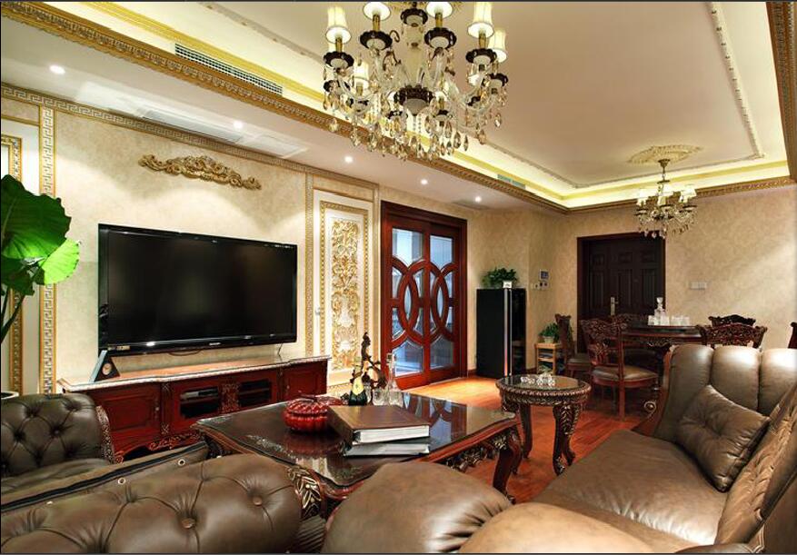 乌海乌达·海中心欧式奢华客厅复古家具皮沙发金色墙壁石膏雕花效果图