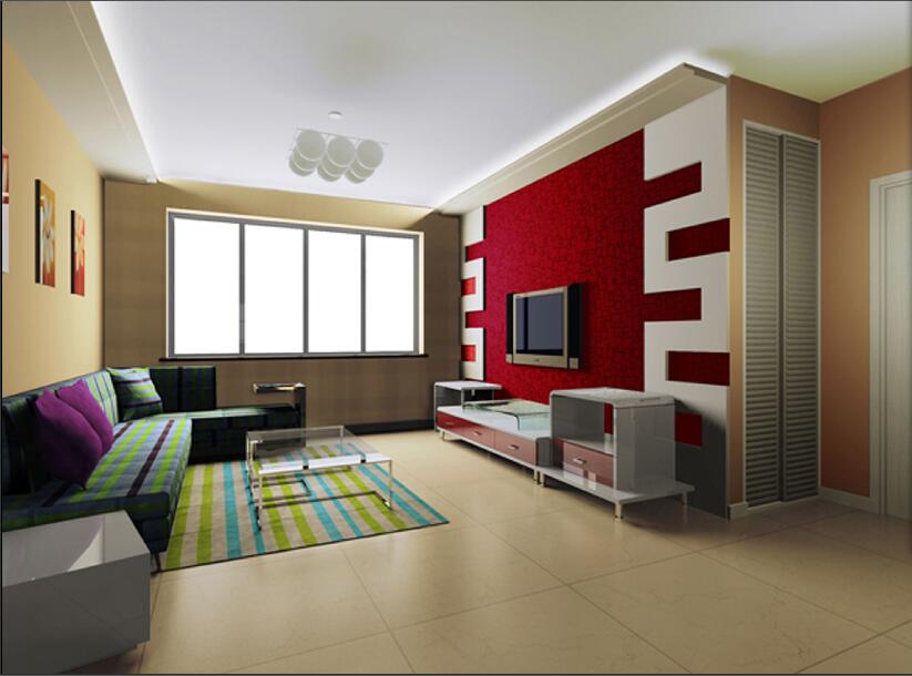 赤峰仁和小苑红色电视墙一字型沙发推拉窗户玻璃电视柜茶几效果图