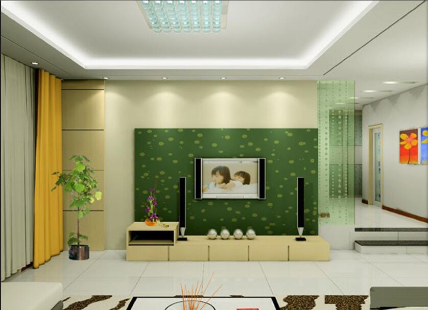 赤峰清河小区阶梯式客厅绿色电视墙墙拐角透明玻璃黄色窗帘效果图