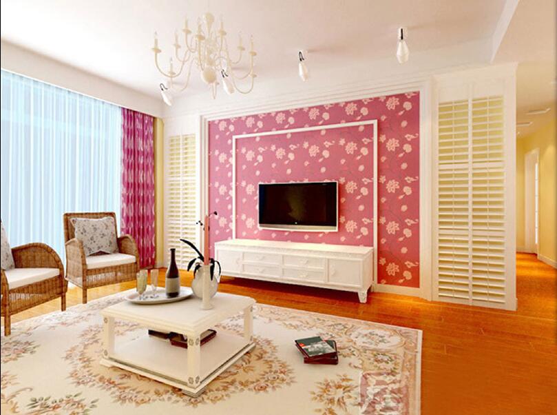 赤峰铁小小区粉红色花朵电视墙藤编沙发椅蜡烛吊灯客厅印花地毯效果图