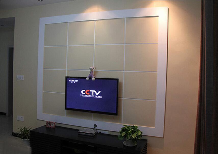 赤峰古玩城方格电视墙黑色电视柜咖啡色窗帘效果图