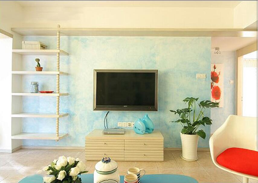赤峰康居小区淡蓝色电视墙创意墙壁置物架客厅绿植效果图