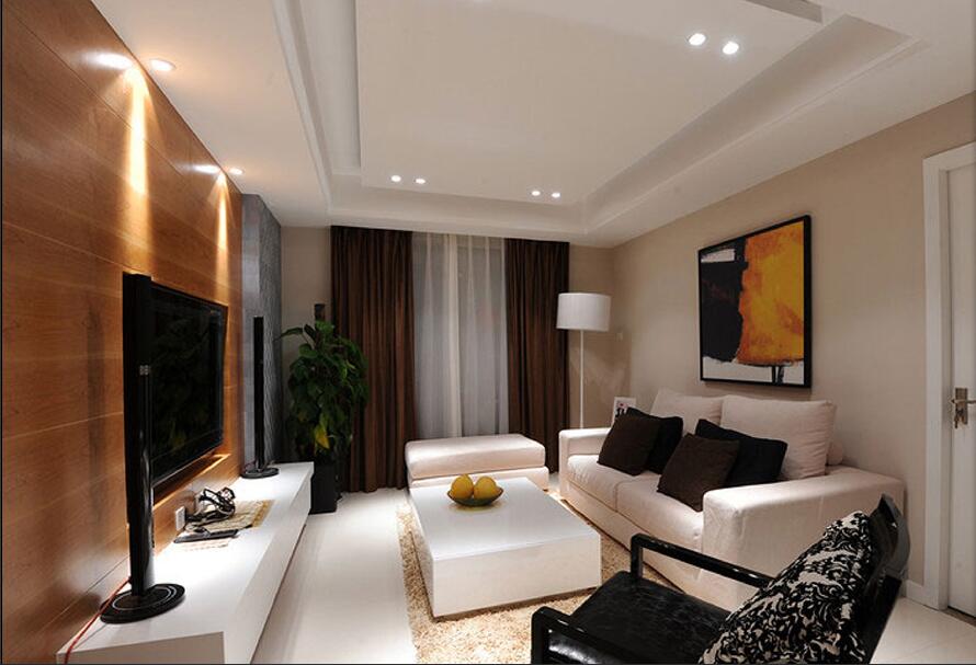 通辽胜利路小区长方形石膏板客厅吊顶木色嵌入式电视墙白色沙发效果图