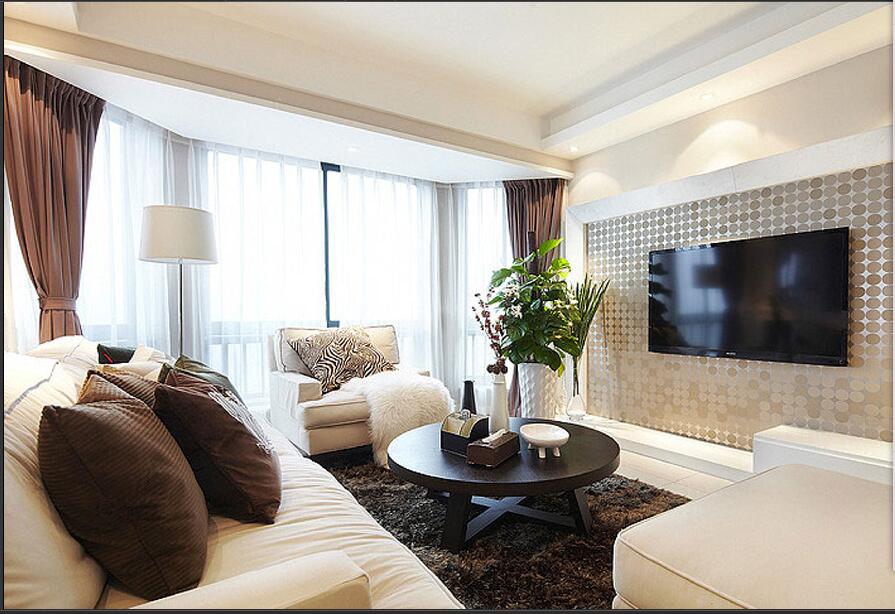 通辽天福家园南区不规则阳台白色透光窗帘现代电视墙纸客厅地毯效果图