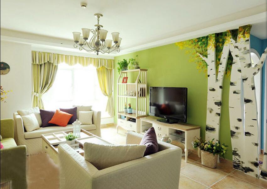 通辽贵都花园客厅绿色墙漆树形隔断绿色窗帘简易置物架效果图
