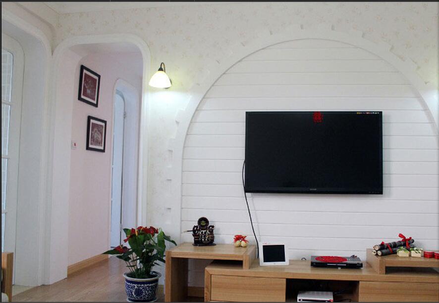 通辽学府家园条纹拱形电视墙木色电视柜壁灯效果图