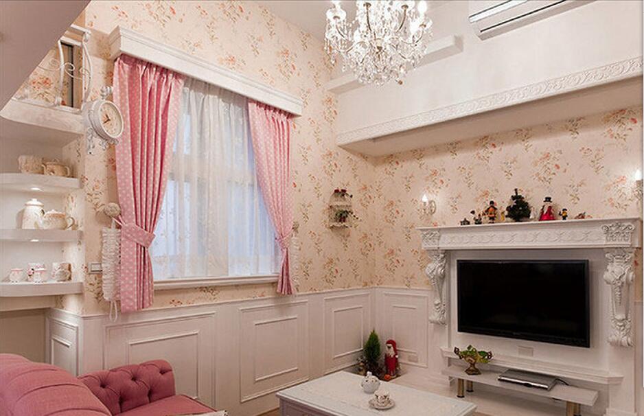鄂尔多斯伊泰CEO国际中心客厅碎花壁纸粉色白点窗帘粉红色沙发效果图