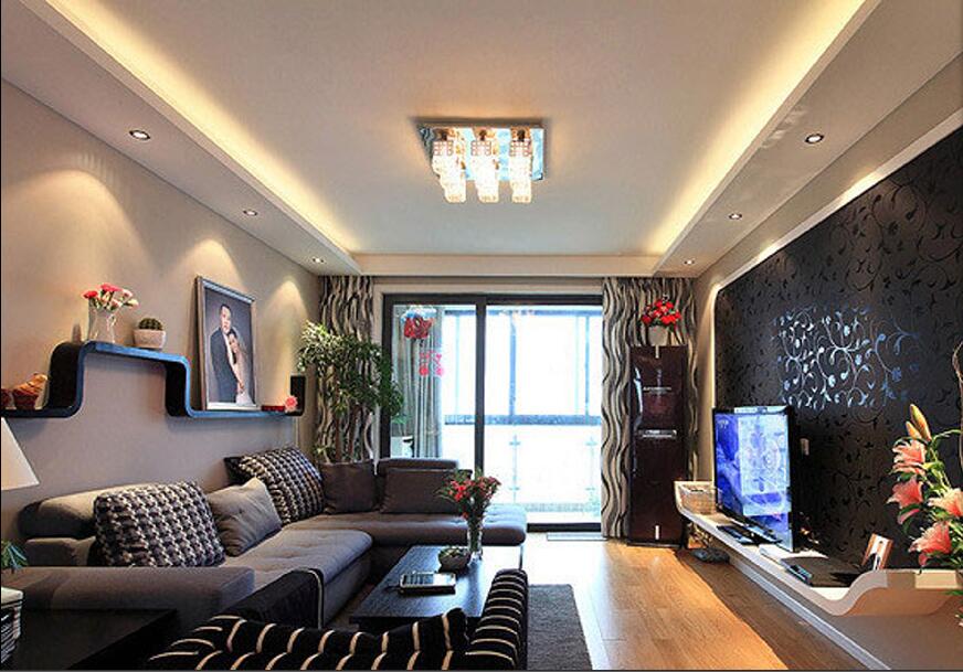鄂尔多斯维邦水岸新城长方形客厅条纹组合沙发黑色印花电视墙纸效果图