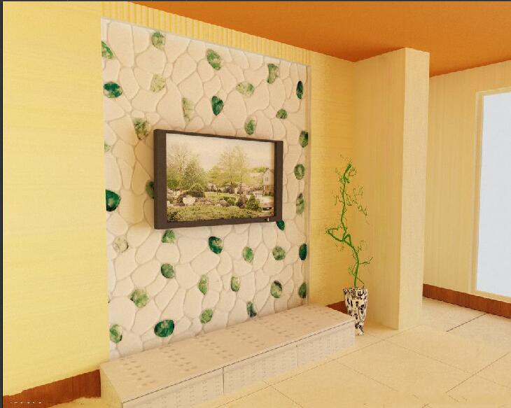 呼伦贝尔新绿波小区石头电视墙纸客厅绿植红色吊顶效果图