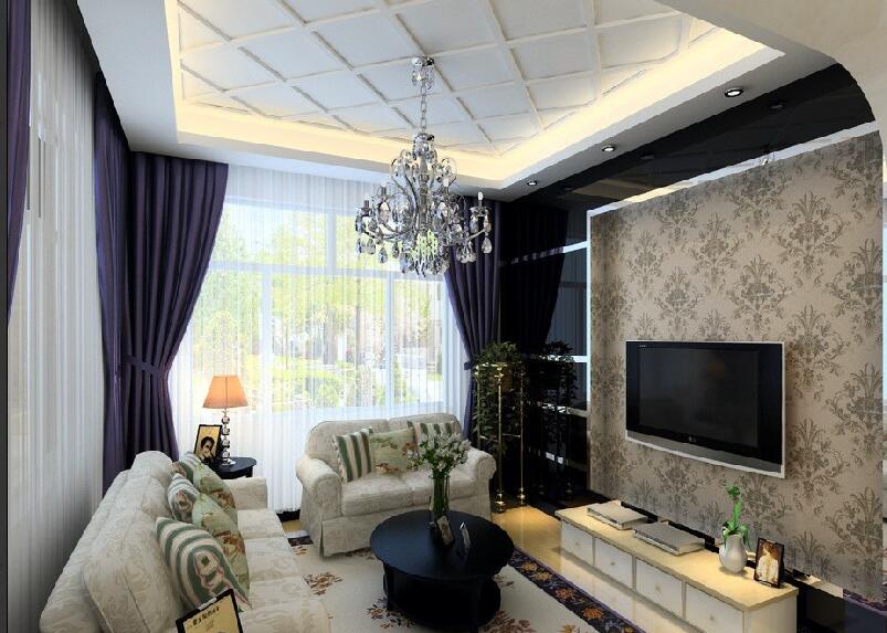 呼伦贝尔针织小区40平米客厅深紫色窗帘印花地毯黑镜面电视墙效果图