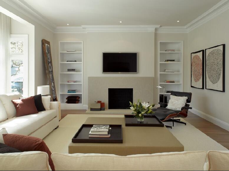 呼伦贝尔龙辰花园白色电视墙博古架客厅装饰画L形沙发效果图