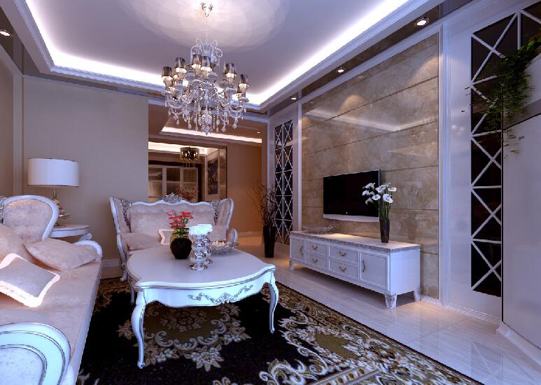 巴彦淖尔亲亲园欧式客厅菱形玄关墙瓷砖电视墙欧式组合家具效果图