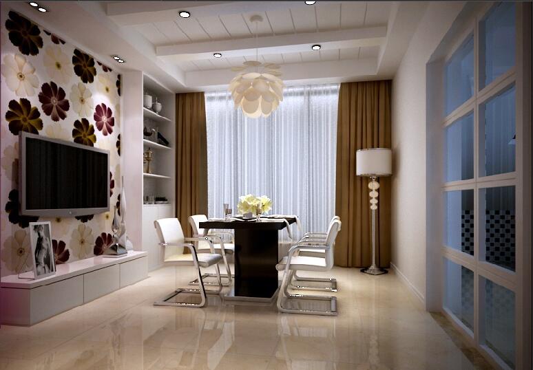 乌兰察布科技苑65平米客厅花朵吊灯太阳花壁纸白色木条吊顶餐桌椅效果图
