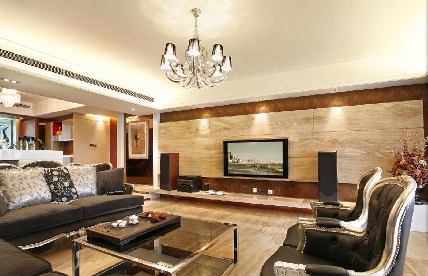 乌兰察布红楼新苑80平米客厅电视层板方块瓷砖电视墙黑色欧式沙发效果图