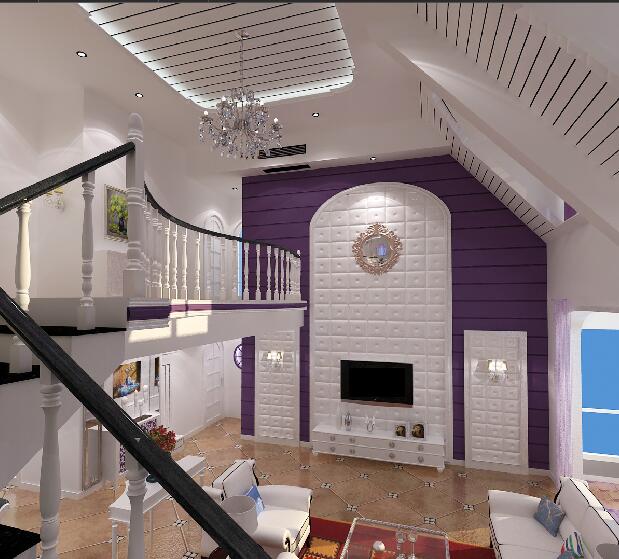 乌兰察布通佳花园斜顶别墅中高客厅紫色墙壁黑白楼梯效果图