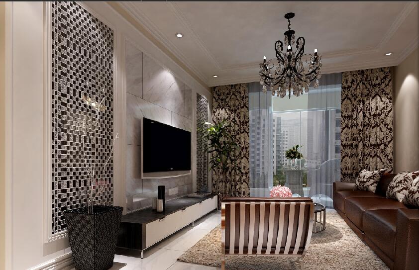 乌兰察布华新公寓欧式印花窗帘深棕色皮沙发木条沙发椅效果图