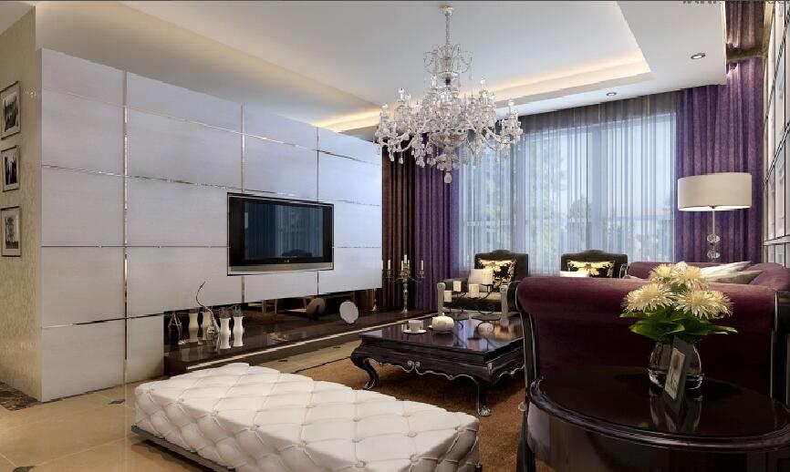 乌兰察布皮件公寓紫色窗帘皮艺长沙发凳石膏线条墙壁效果图
